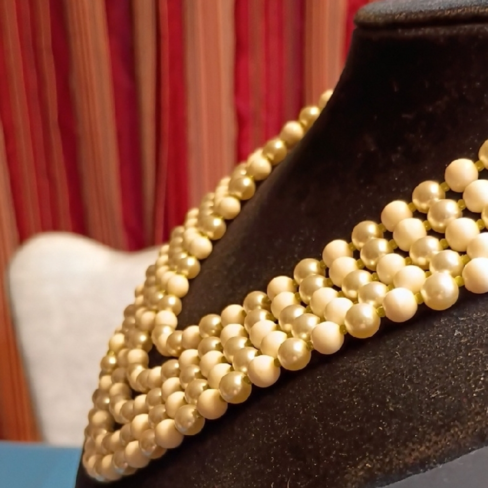 Classic Multi-Strand Cream/Silver Colored Faux Pearl Necklace